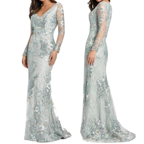 Mac Duggal Illusion Sleeve Lace Embellished Gown Seamist 67539 Size 14 - Picture 1 of 16
